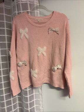 Madison + Hudson Blush Pink Bow-Appliqué Crewneck Sweater
